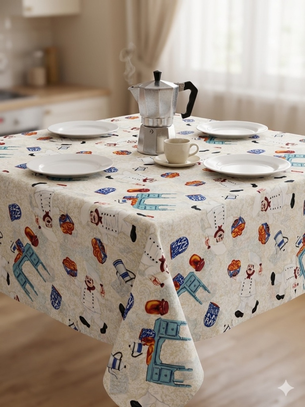 Vintage Style Fat Chef Bistro Pattern  Tablecloth 54" x 54" Square, New, Cream